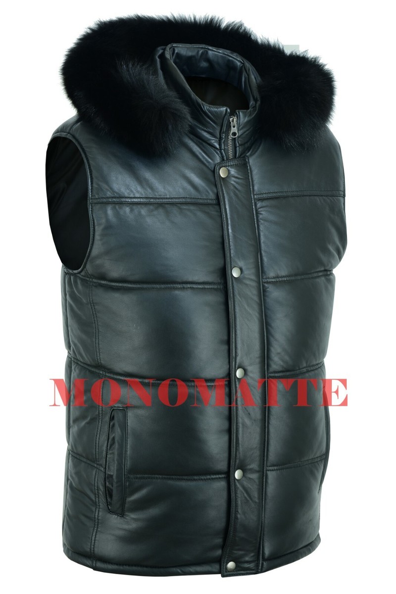 MEN'S GENUINE LAMBSKIN LEATHER BUBBLE PUFFER BLACK VEST FOX FUR HOOD ALL  SIZES