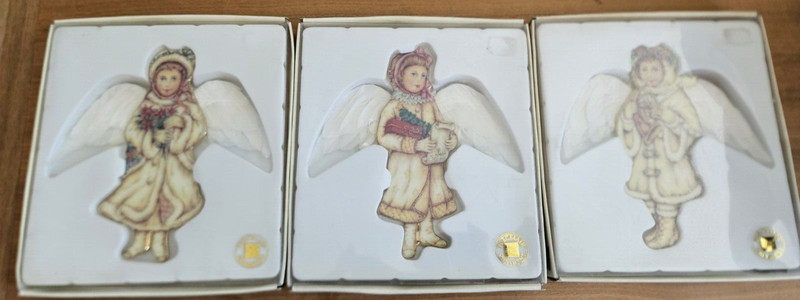 Victorian Tidings Handpainted Porcelain Tree Angels Ornament Real Feather Wings