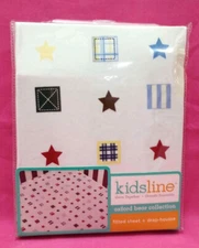 Kidsline Oxford Bear Fitted Crib Sheet White With Blue Red Yellow Brown Shapes