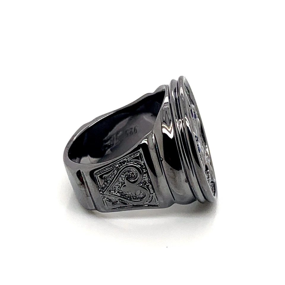 Anillo de plata de ley 925 zafiro rodio negro flor de lis sello talla 10 Foto 4 de 4