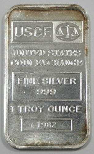 1982 USCE United States Coin Exchange 1 Troy Ounce .999 Fine Silver Bar