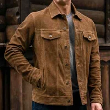 Men's Trucker Genuine Suede Leather Jacket Vintage Classic Denim Style Tan Coat