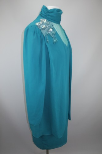 Vtg 80s PATRA Teal Sequin Chiffon Organza Cape Design Knee Length Dress Sz 10 - Picture 8 of 12