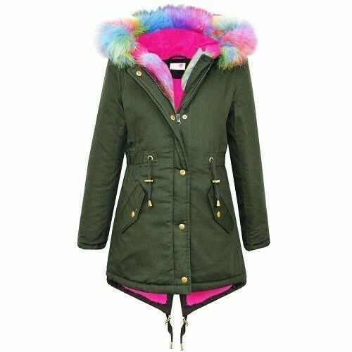 Minx Rainbow Fur Hood Parka Jacket Khaki Age 11-12 LN009 DD 08 - Picture 1 of 3