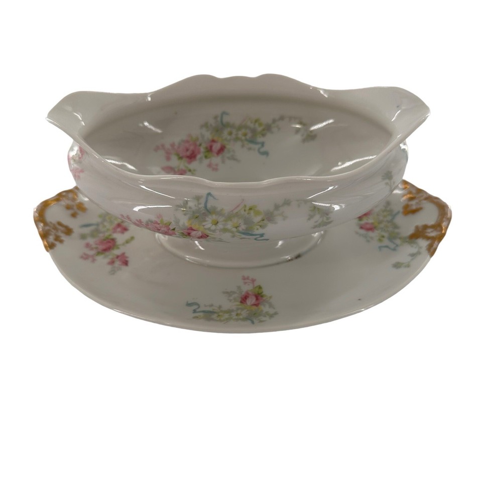 Theo Haviland Limoges Gold Roses Gravy Boat Underplate Discontinued