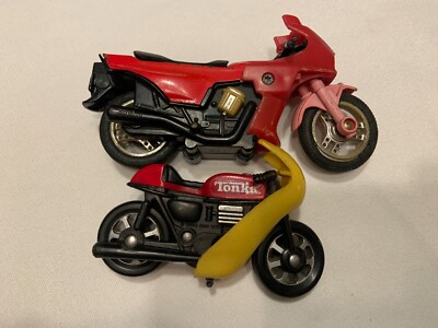 Vintage Tonka Toys Orange Black Yellow Motorcycle 1980s Bike Toy Lot of 2
