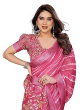 Women's Zari Border Cotton Linen Printed Saree with Blouse Piece