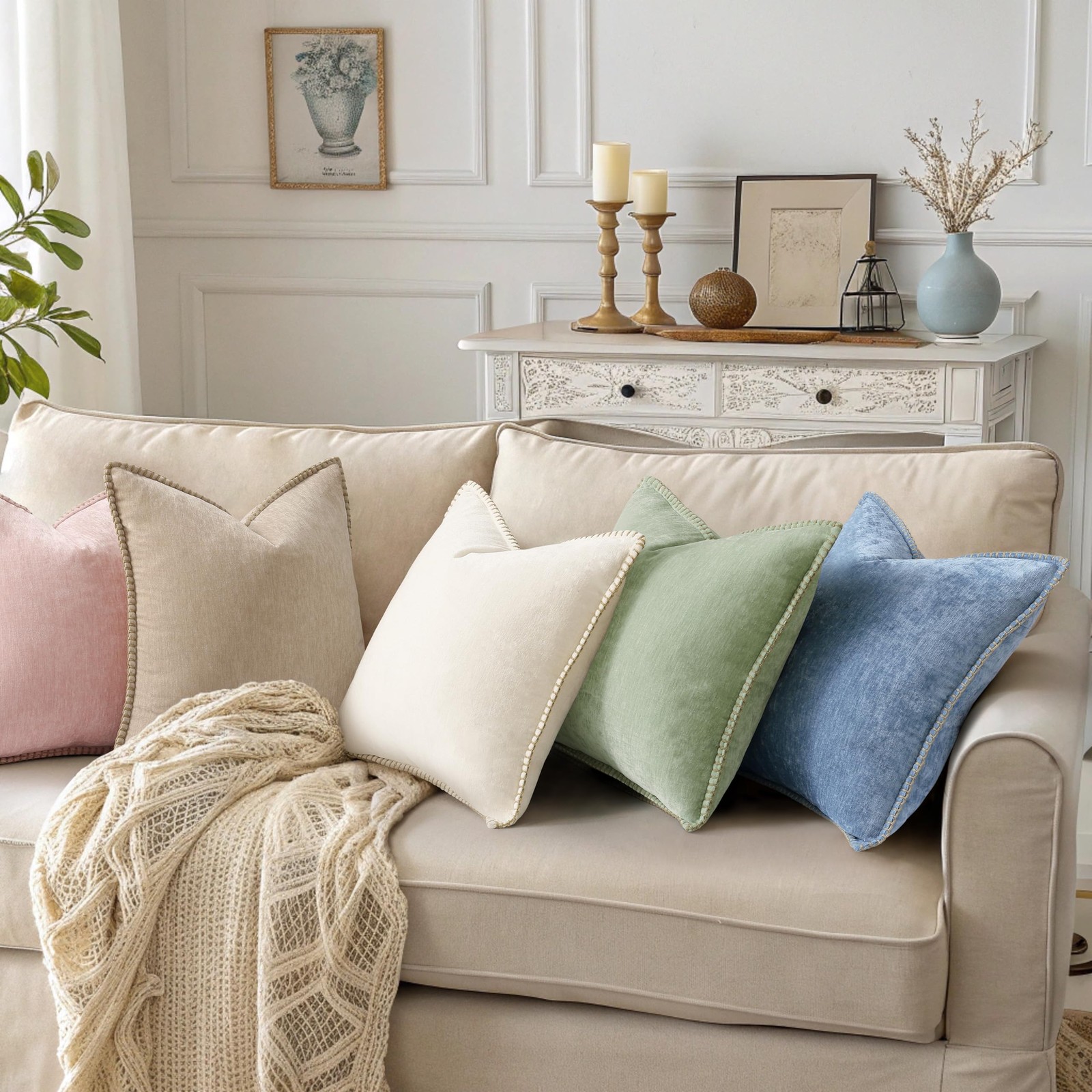 decorUhome Chenille Soft Throw Pillow Covers 18x18 Set of 2, Farmhouse Velvet