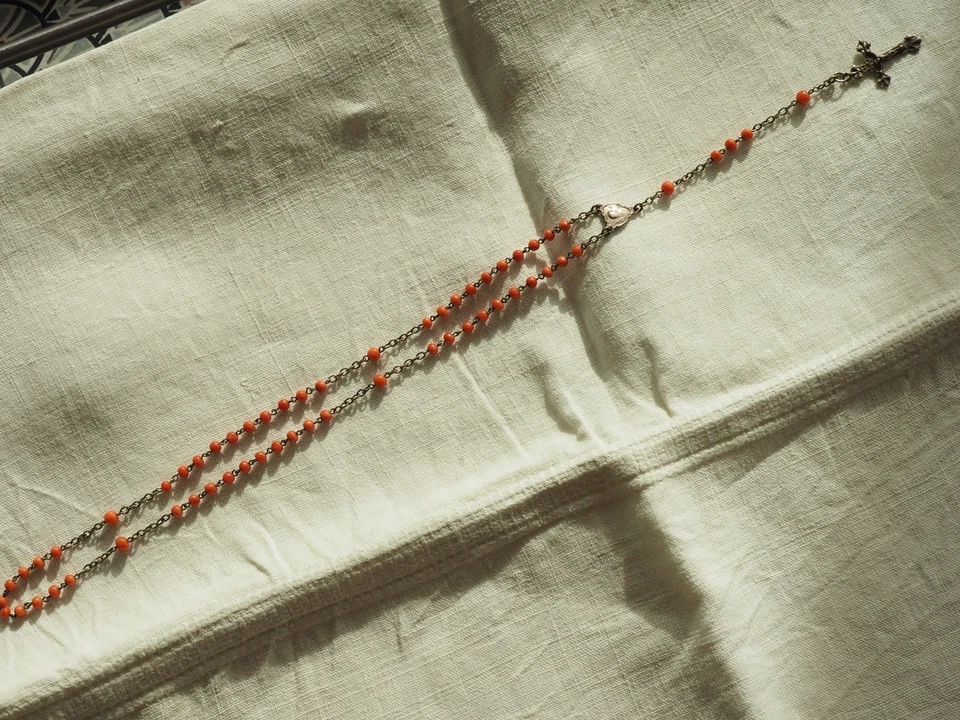 CHAPELET ANCIEN ARGENT MASSIF CORAIL ANTIQUE SILVER CORAL ROSARY - Photo 2/4