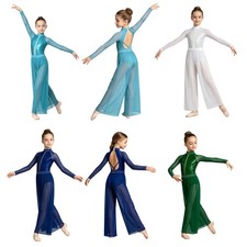 Kids Girls Jumpsuit Training Costume 2-piece Latin Leotard Dancewear Mesh Jazz