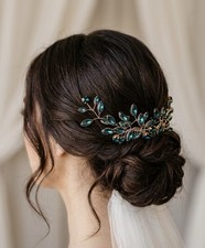 Wedding Gold Tone Green Rhinestone Hair Comb Crystal Rhinestone Bridal Headpiece