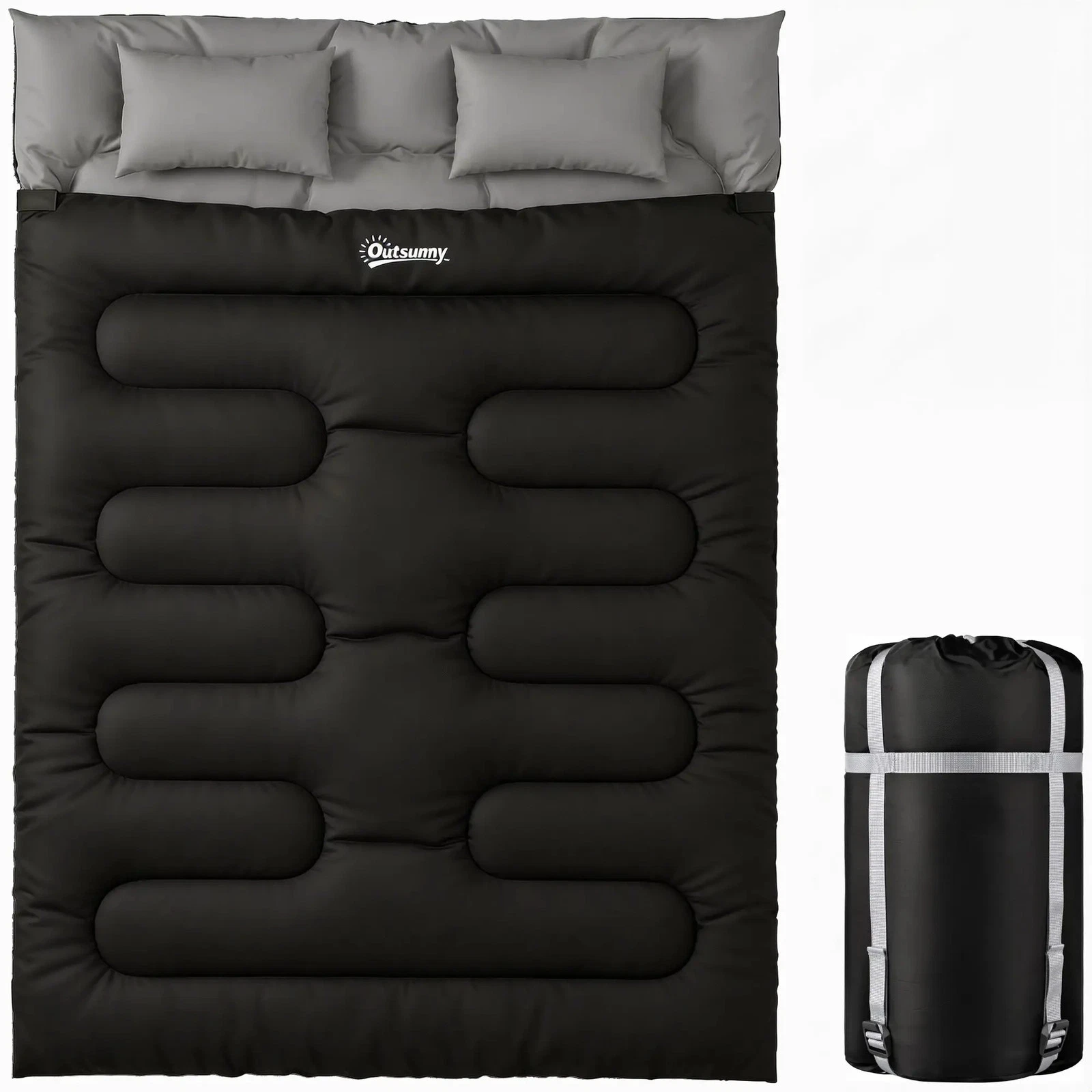 Double Sleeping Bag for Adults 220x160cm XL with Pillows, Warm Camping Black