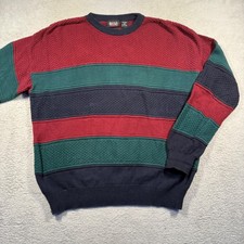 Vintage Colorblock Mens Striped Knit Sweater Crewneck Cotton Pullover 90s Y2K