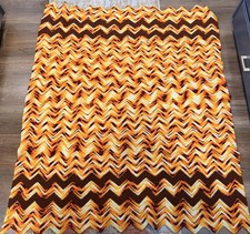 Vtg 70s Afghan Crochet Large Blanket 46x55 Zig Zag Boho Orange Yellow. Chevron