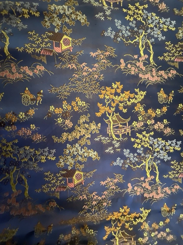 Blue background Silk pagoda brocade  Pagodas , rickshaw , cherry blossoms. - Image 2 of 4
