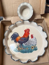 Home & Garden Party Country Roosters Stoneware Scalloped Chip & Dip Set  2004