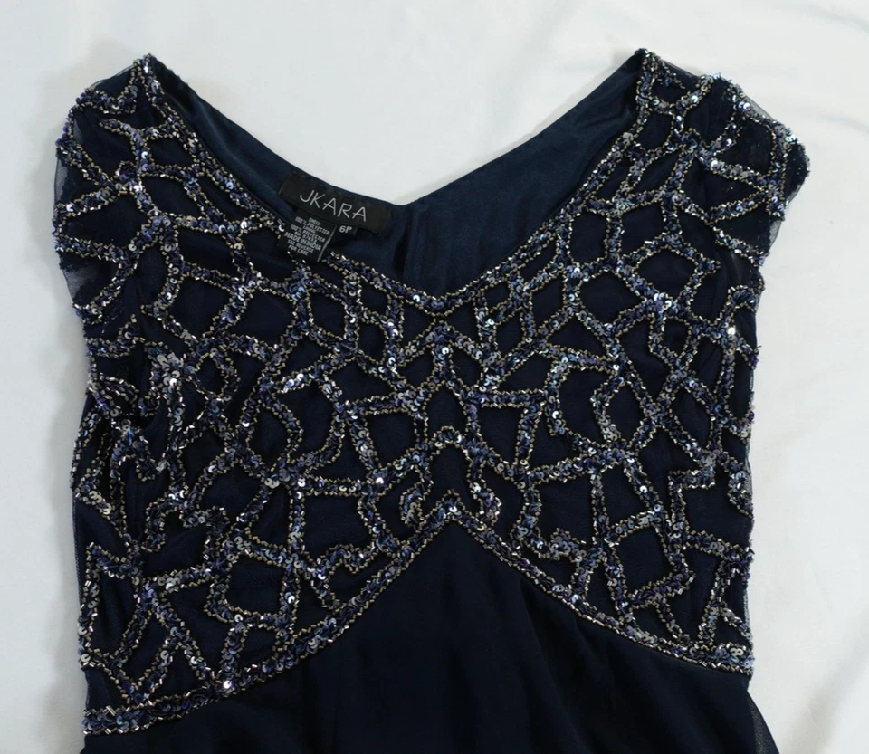 Vestido JKARA Mujer 6P Lentejuelas Cuentas Formal Vestido Maxi Manga Gorra Elegante Foto 3 de 4