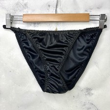Vintage 80s Sears High Cut Satin Bikini String Panty Nylon Black Silky L Sissy