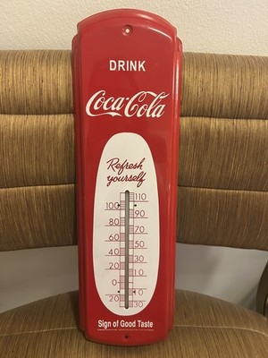 Coca Cola Red Metal Tin Thermometer Sign of Good Taste 5x17 Repro