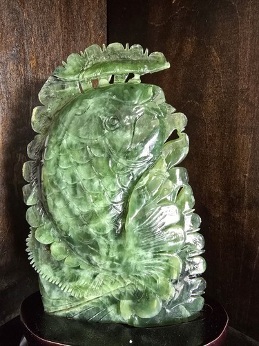 3.6lbs 12" X 6" Top Quality Natural Green Jade Master Hand Carved Fish Sculpture - 第 1/7 張圖片