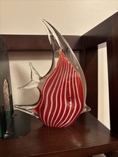 Glass Angel Fish Red White Striped Blown Figurine Paperweight Murano Style