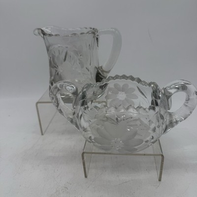 Vintage Heavy Cut Glass Creamer and Sugar Bowl Floral Pattern with Sawtooth Edge