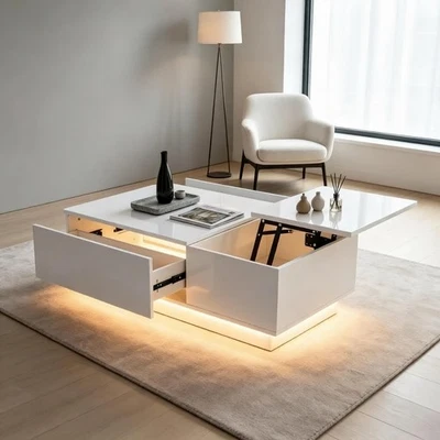 Lift Top Led Coffee Table With 2 Drawer High Gloss Tea Table with Hidden Storage - Image 1 of 4