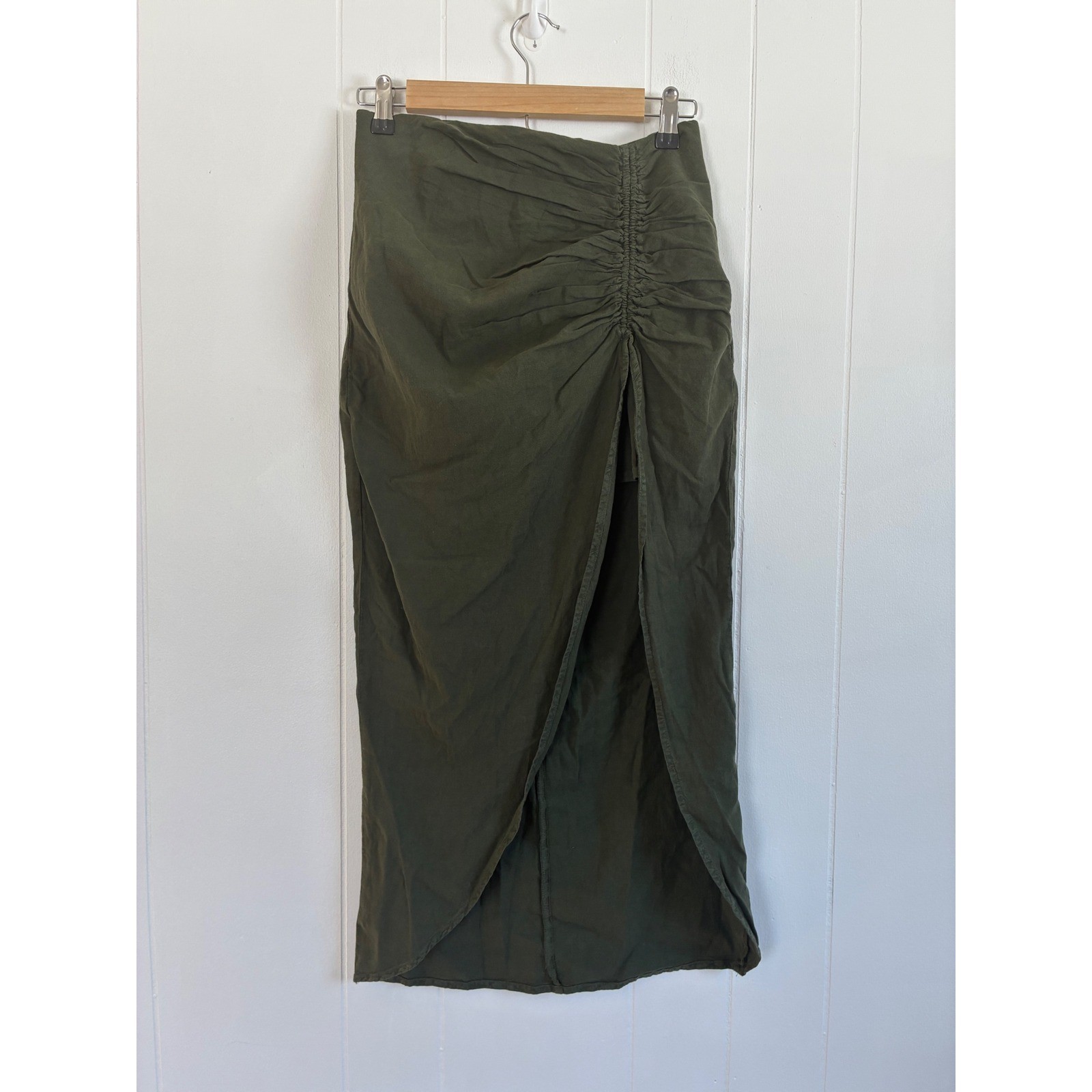 NWT Zara Womens Olive Green Linen Blend Resortwear Ruched Front Slit Midi Skirt