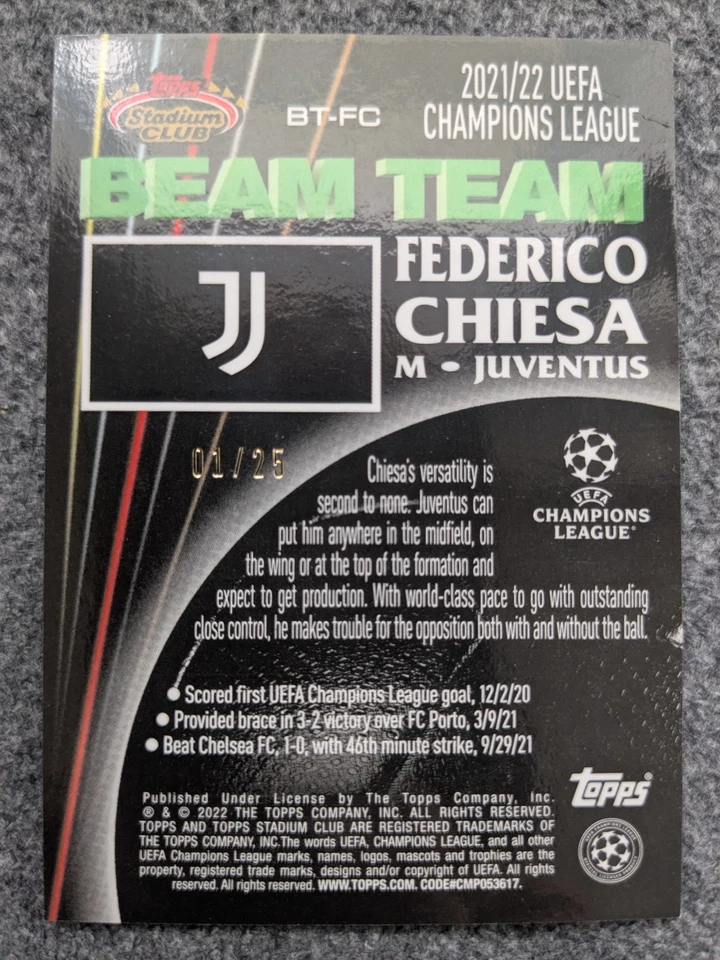 2021-22 TOPPS STADIUM CLUB CHROME FEDERICO CHIESA BEAM TEAM ORANGE REFRACTOR/25 - Image 2 of 2