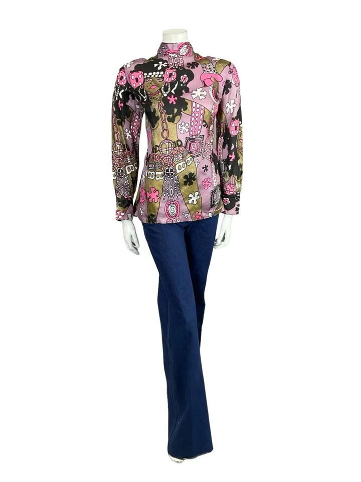 VTG 70S LILAC BROWN PINK BLACK WHITE LADY FLOWER GRAPHIC FUNNEL SHIFT TOP 12 - Image 2 of 4