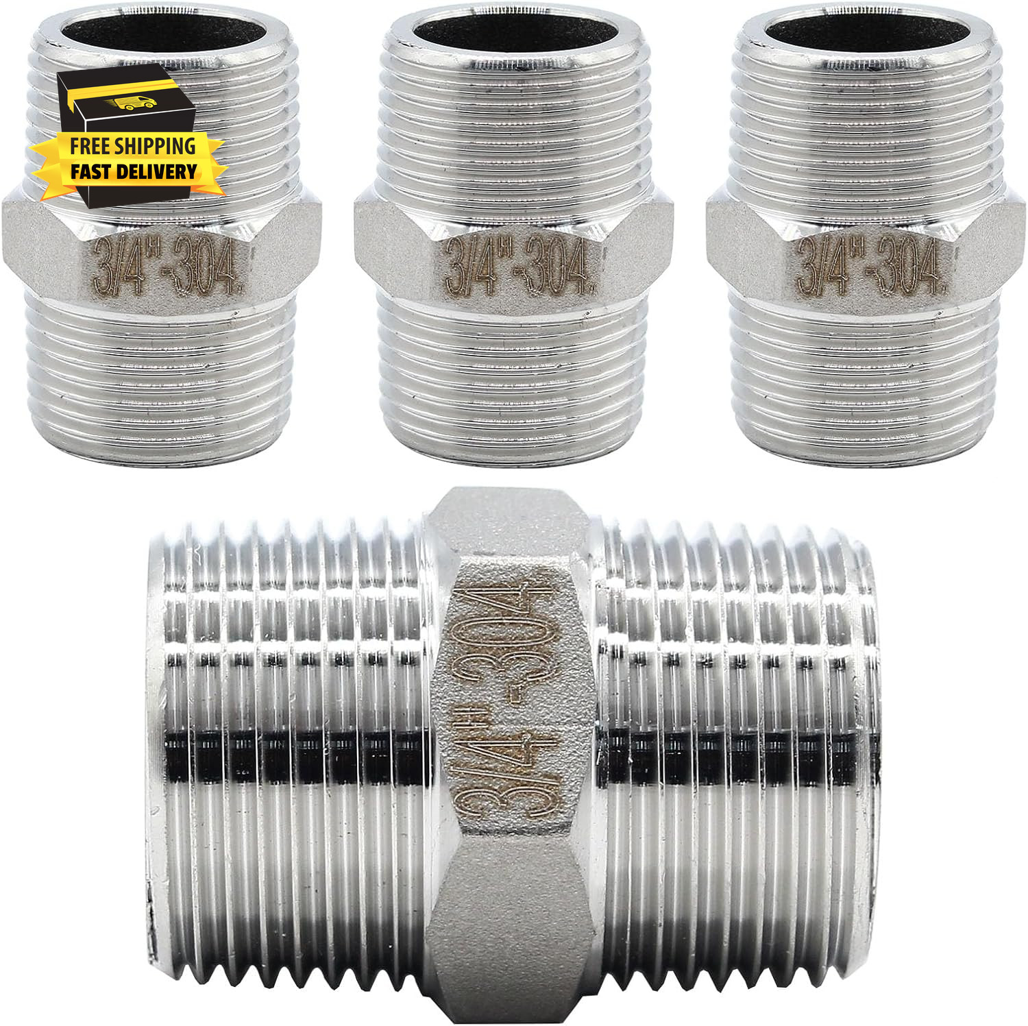 4 Pcs 3/4" X 3/4" NPT Male Hex Nipple, 304 Stainless Steel Threaded Pipe Fitting