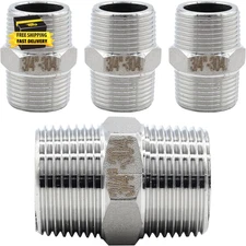 4 Pcs 3/4" X 3/4" NPT Male Hex Nipple, 304 Stainless Steel Threaded Pipe Fitting