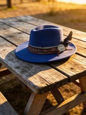 Royal Blue Wide Brim Fedora Hat with Bohemian Ethnic Trim and Feather Accent