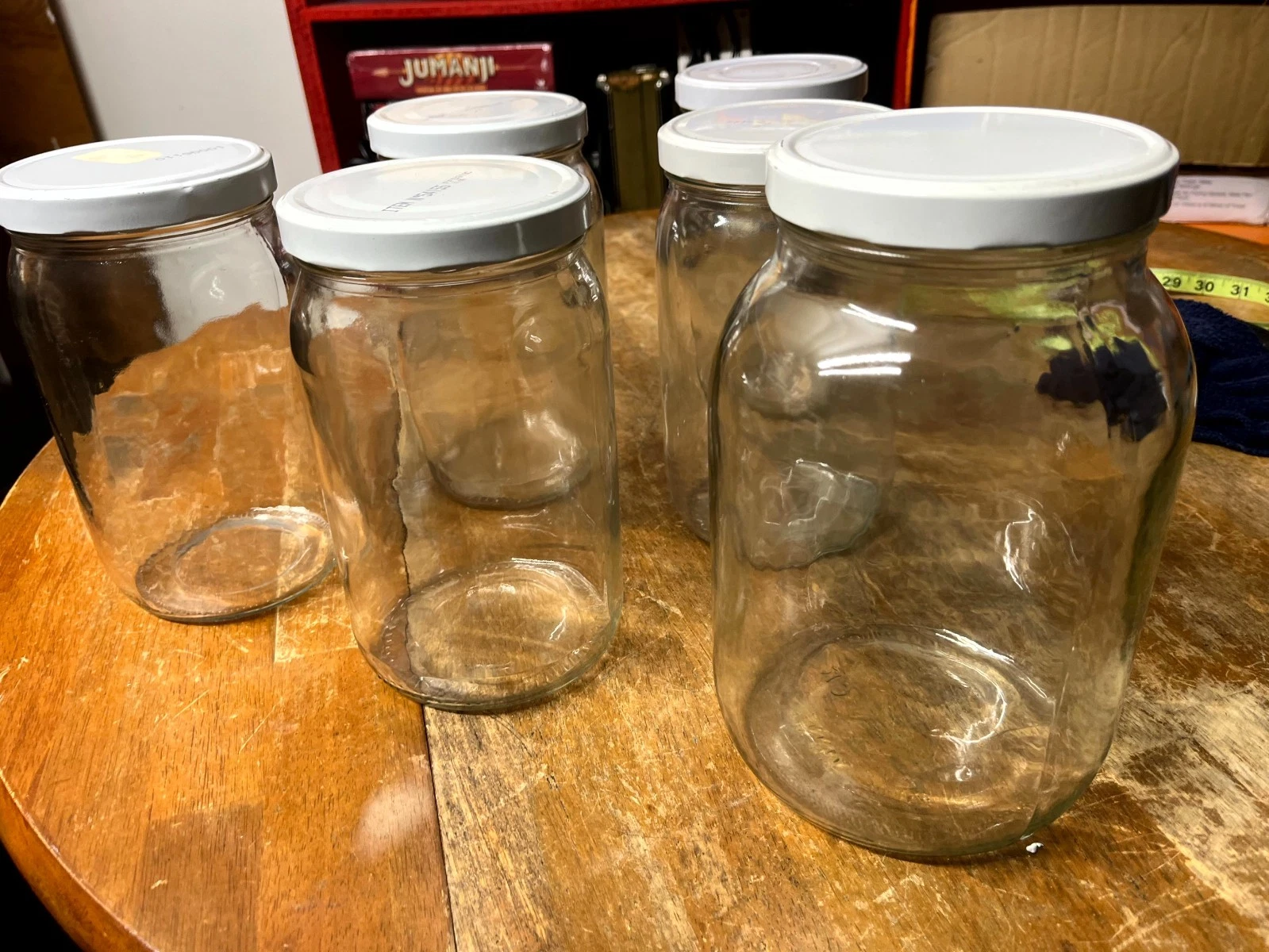 SET OF 6 Clear Glass Kitchen Storage Jars Containers with White Screw on Lids