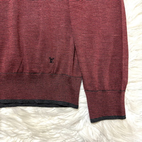 Authentic Louis Vuitton LV embroidery V-neck Striped knit sweater M Red Gray - Picture 6 of 9