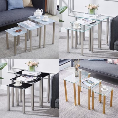 Nest of 3 Tempered Glass Side End Sofa Tables Nesting Tables Stainless Steel Leg