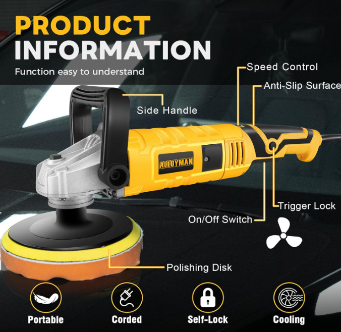 Buffer Polisher, 1200W 7 Inch/6 Inch Car Polisher, 7 Variable Speed 600-3000 RPM