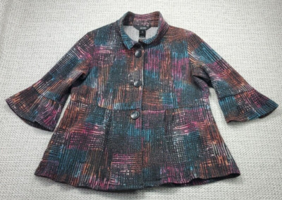 Ali Miles Tunic Top Women Sz Medium Button Up 3/4 Sleeve Artsy Textured