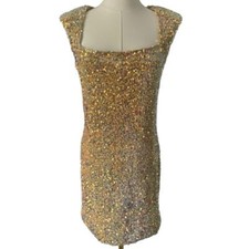ASTR the Label Galaxy Dress Iridescent Gold Sequin Mini Square Neck Glam SzLarge