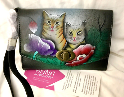 Anuschka Anna NWT Flap-over Organizer Clutch Wristlet-TWO CATS GREY 1863-TCT