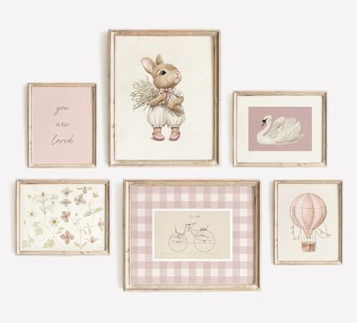 Pink Nursery Wall Art Baby Girl Canvas Wall Decor Vintage Poster Bunny Flower Wa
