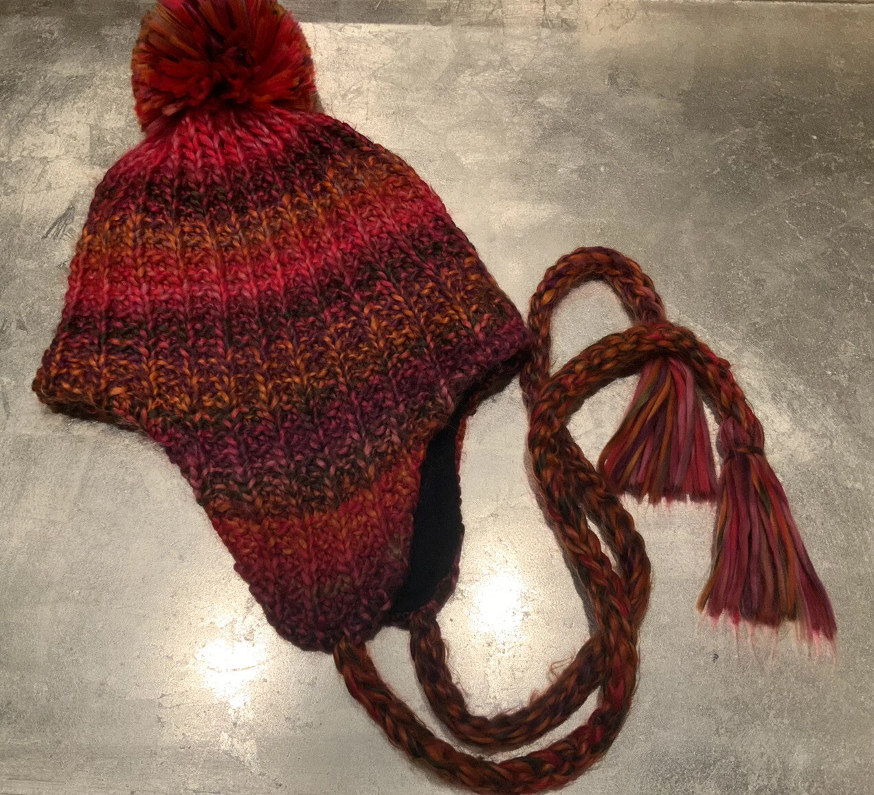 Wine Melon Knit Beanie Hat W Pom Pom & Ear Flaps One Size Unisex