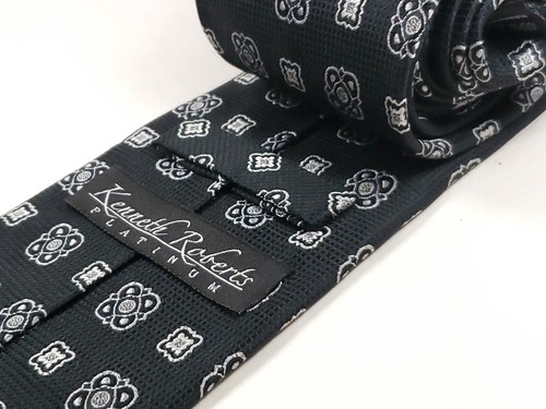 KENNETH ROBERTS PLATINUM Handmade 100% Silk Tie Mens Black Silver Gray White NEW - Picture 4 of 4