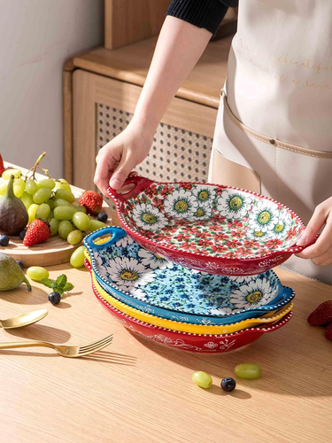 Home Ceramic Pasta Plates with Handle, Porcelain Floral Salad Plates Set of 4, - Picture 6 of 12