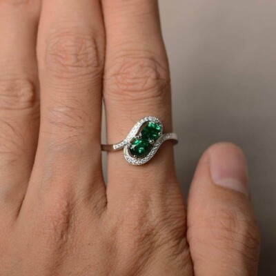 3Ct Lab Created Pear Green Emerald Diamond Engagement Ring 14K White Gold Plated