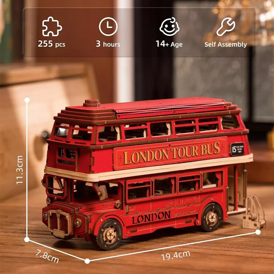 diy wood 3d puzzle toy London Tour Bus for Christmas birthday gifts kids adults - Image 3 of 4