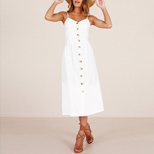Womens Holiday Boho Beach Midi Dress Ladies Strappy Button Cami Sundress Summer - Picture 21 of 24