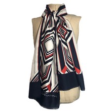 Vintage FIORINI Scarf Oblong Rectangle Geometric Red Navy Blue White 60  x11  