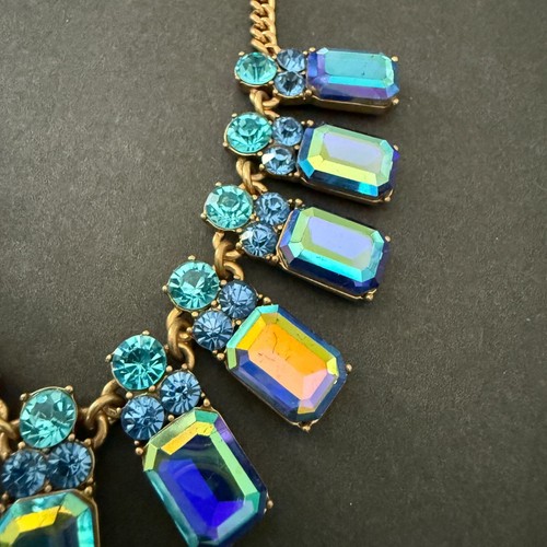 J Crew Statement Necklace Iridescent Blue Turquoise Crystal Stones Gold Adjustab - Picture 7 of 22