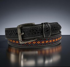 Beaded Western Belt Cowboy Rodeo Full Grain Leather Hand Tooled Removable Buckle